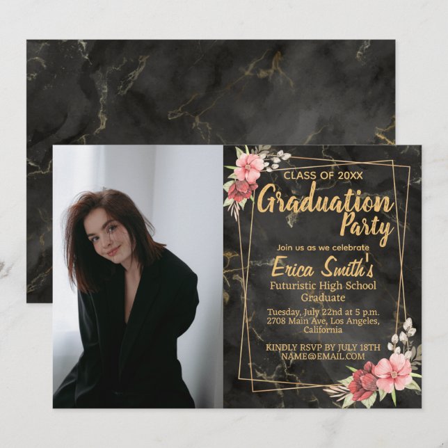 Invitación Fiesta De Graduación De Fotos Floral Black And Gol (Anverso / Reverso)
