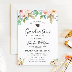 Invitación Fiesta de Graduación de Fotos Florales Acuarela pa