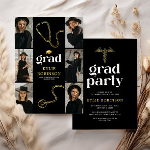Invitación Fiesta de Graduación de Fotos Médicas de Oro Negro