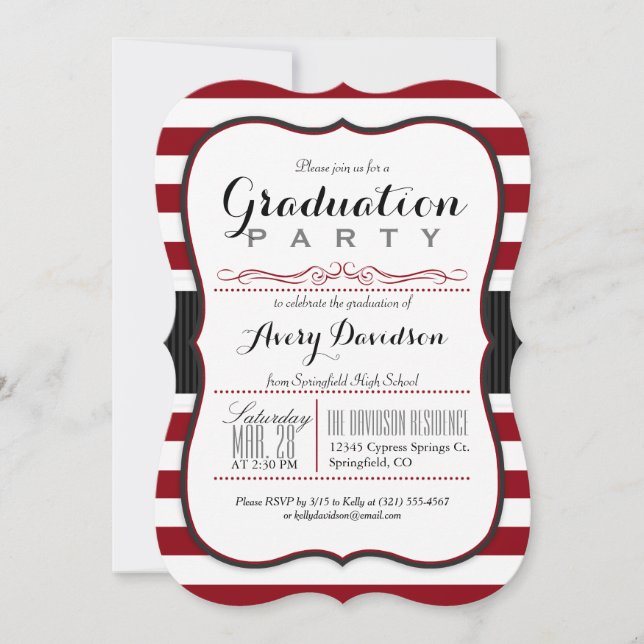 Invitación Fiesta de graduación de franjas marrones, borgoñas (Anverso)