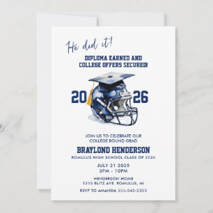 Invitación Fiesta de Graduación de Fútbol Americano Azul Mari