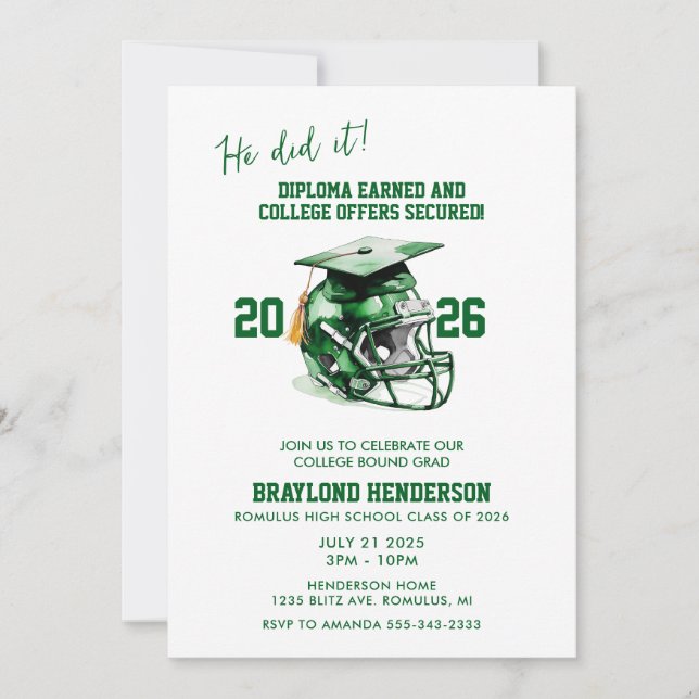 Invitación Fiesta de Graduación de Fútbol Americano Verde (Anverso)