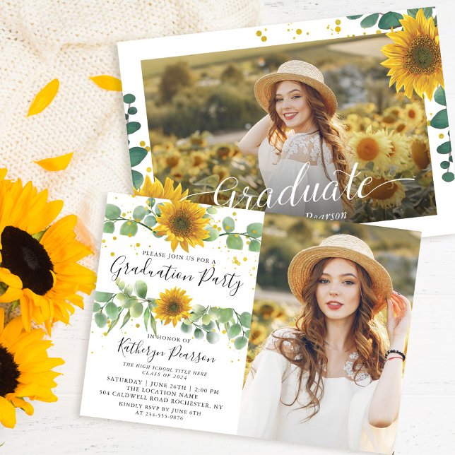 Invitación Fiesta de Graduación de Girasol Verde 2 Foto (Subido por el creador)