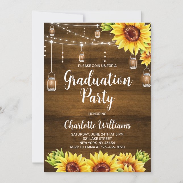 Invitación Fiesta de Graduación de Girasoles de Madera Rústic (Anverso)