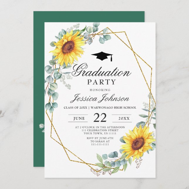 Invitación Fiesta de graduación de girasoles y eucalipto con  (Anverso / Reverso)