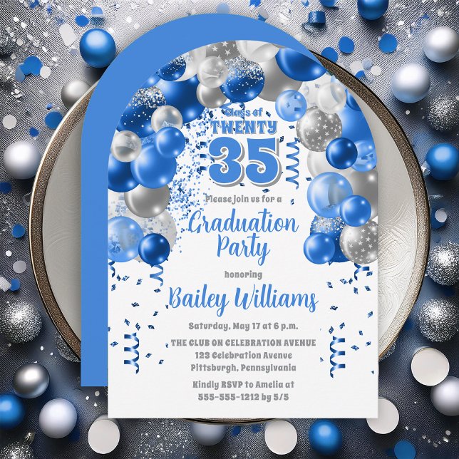 Invitación Fiesta de Graduación de Globos de Celebración Azul (Blue Balloons Class Year Graduation Party Invitations - Print and/or Download Available)