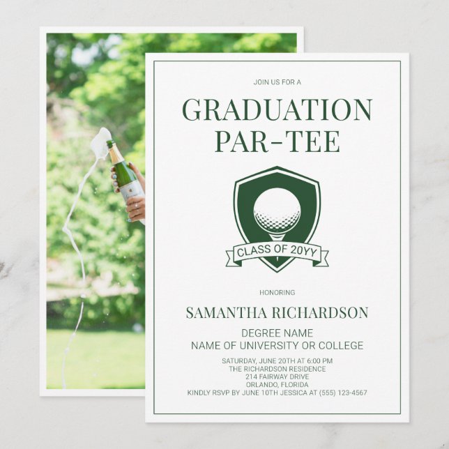 Invitación Fiesta de Graduación de Golf Verde y Blanco con Fo (Anverso / Reverso)