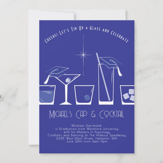 Invitación Fiesta de Graduación de Gorra y Cóctel Azul (Anverso)