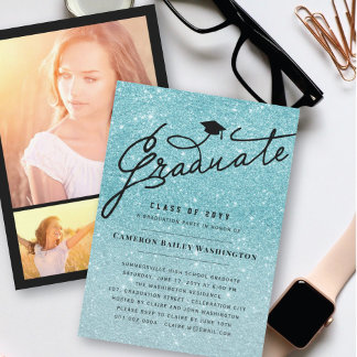 Invitación Fiesta de Graduación de Graduada con Brillo Acuáti