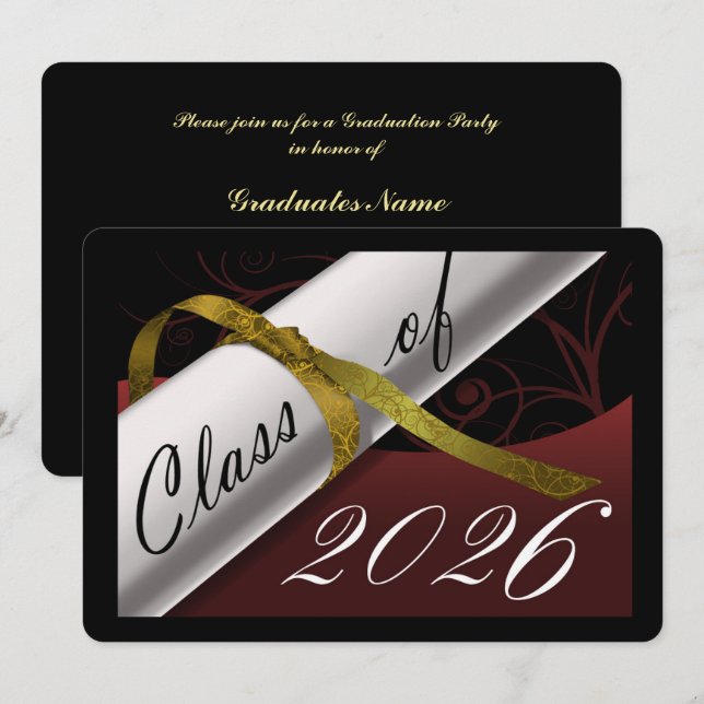 Invitación Fiesta de Graduación de Grana y Oro (Anverso / Reverso)