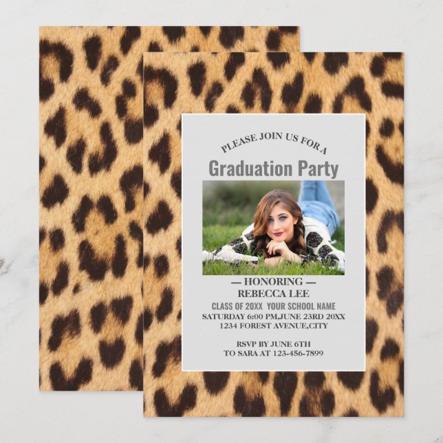 Invitación fiesta de graduación de huella de leopardo de la m (Anverso / Reverso)
