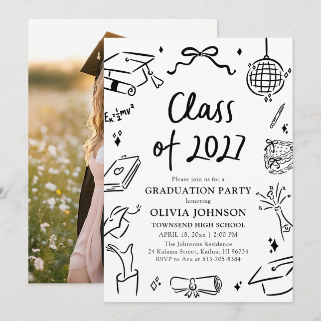Invitación Fiesta de Graduación de la Clase 2027 Dibujada a M (Anverso / Reverso)