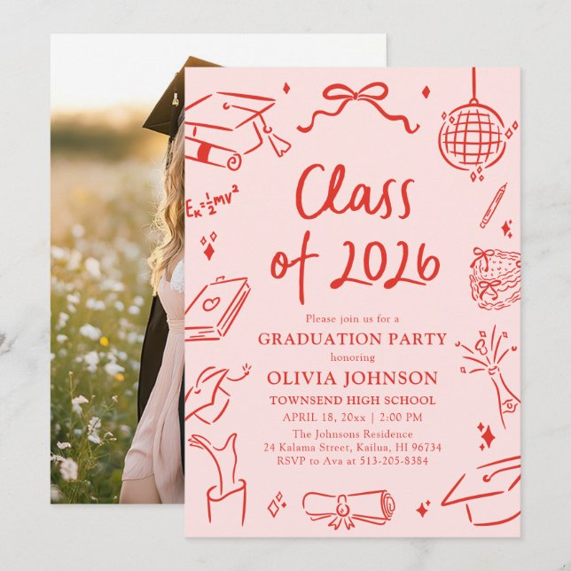 Invitación Fiesta de Graduación de la Clase de 2026 Dibujada  (Anverso / Reverso)