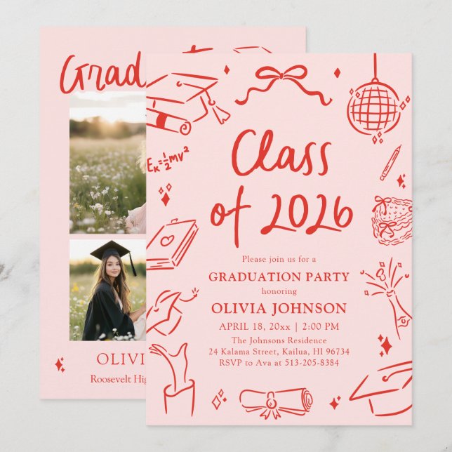 Invitación Fiesta de Graduación de la Clase de 2026 Dibujada  (Anverso / Reverso)