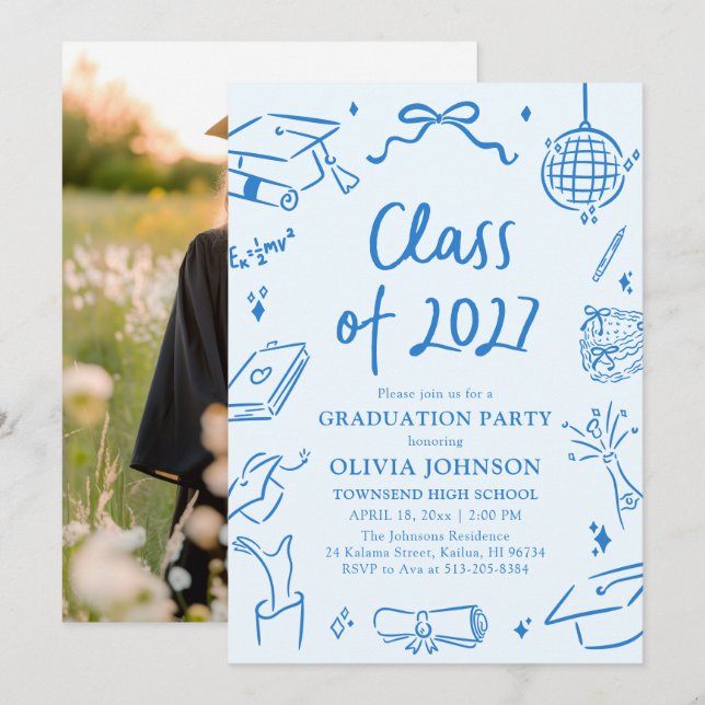 Invitación Fiesta de Graduación de la Clase de 2027 Dibujada  (Anverso / Reverso)