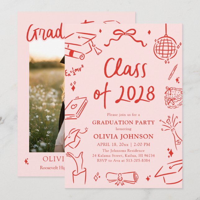 Invitación Fiesta de Graduación de la Clase de 2028 Dibujada  (Anverso / Reverso)