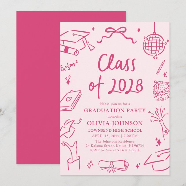 Invitación Fiesta de Graduación de la Clase de 2028 Dibujada  (Anverso / Reverso)