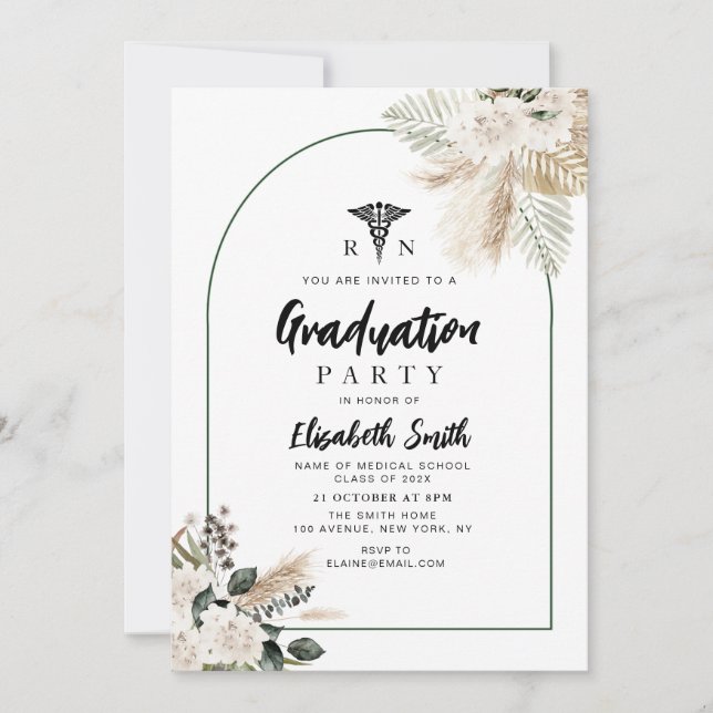 Invitación fiesta de graduación de la enfermería verde boho p (Anverso)