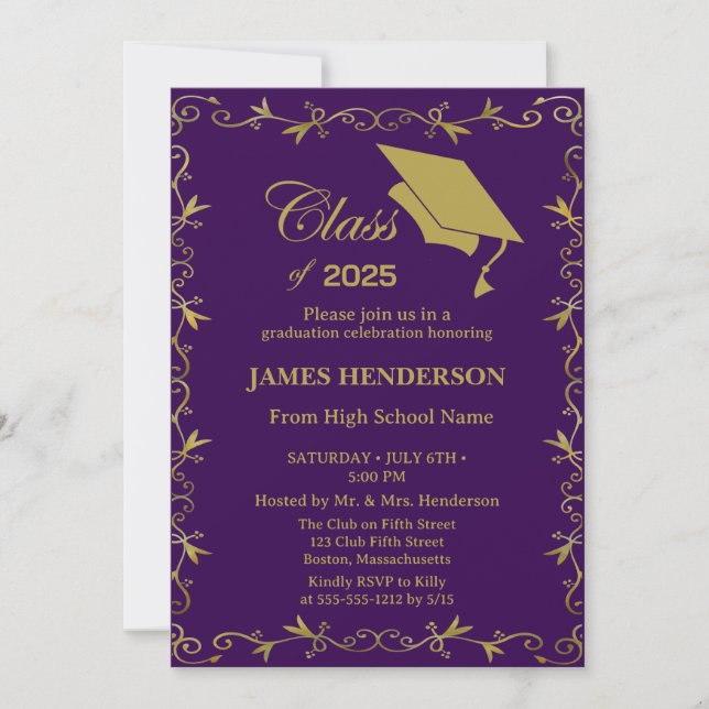 Invitación Fiesta de graduación de la Escuela Purple Formal G (Anverso)