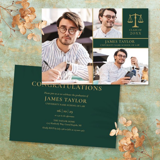 Invitación Fiesta de Graduación de la Facultad de Derecho en  (Emerald Green 3 Photo Law School Graduation Party Invitation)