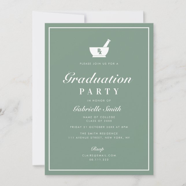 Invitación fiesta de graduación de la farmacia de marco blanc (Anverso)