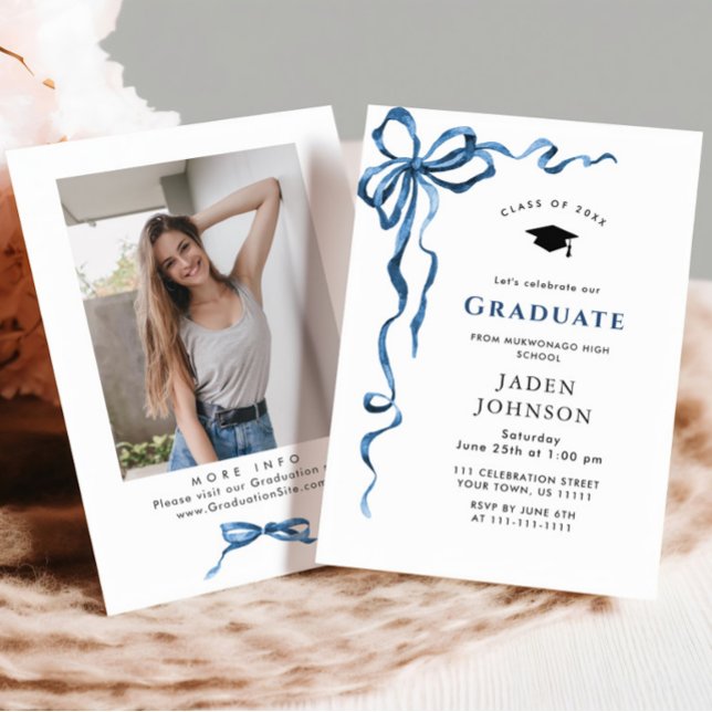 Invitación Fiesta de graduación de la foto de moda Blue Bow C (Subido por el creador)