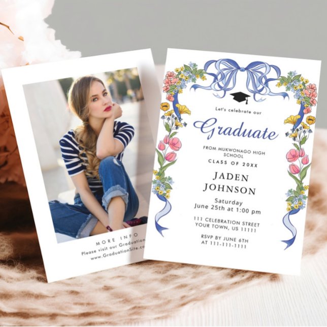 Invitación Fiesta de graduación de la foto de moda Blue Bow C (Subido por el creador)