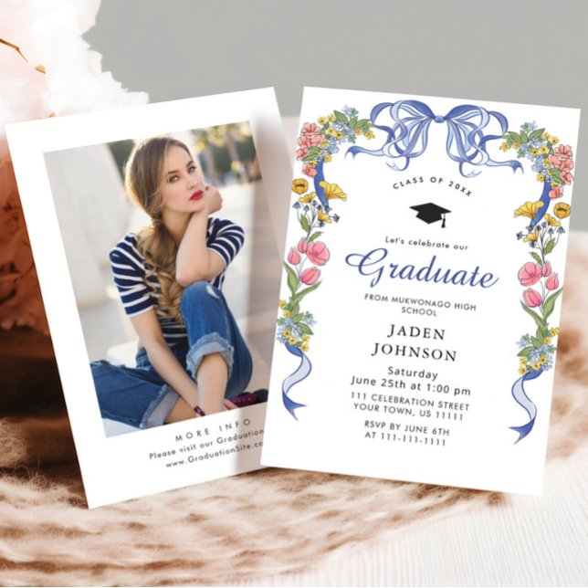 Invitación Fiesta de graduación de la foto de moda Blue Bow C (Subido por el creador)