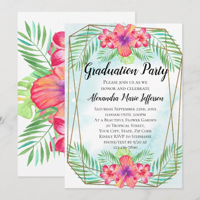 Invitación Fiesta de graduación de la playa Hibiscus Flower W (Anverso / Reverso)