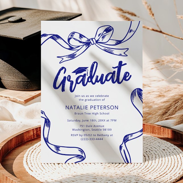 Invitación Fiesta de Graduación de Lazo Azul Doodle Moderno (Subido por el creador)