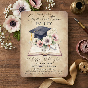 Invitación Fiesta de Graduación de Libro Abierto y Gorra Flor