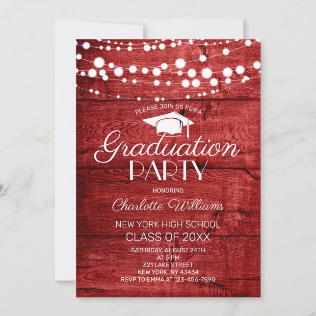 Invitación Fiesta de Graduación de Madera Rojo Rústico (Anverso)