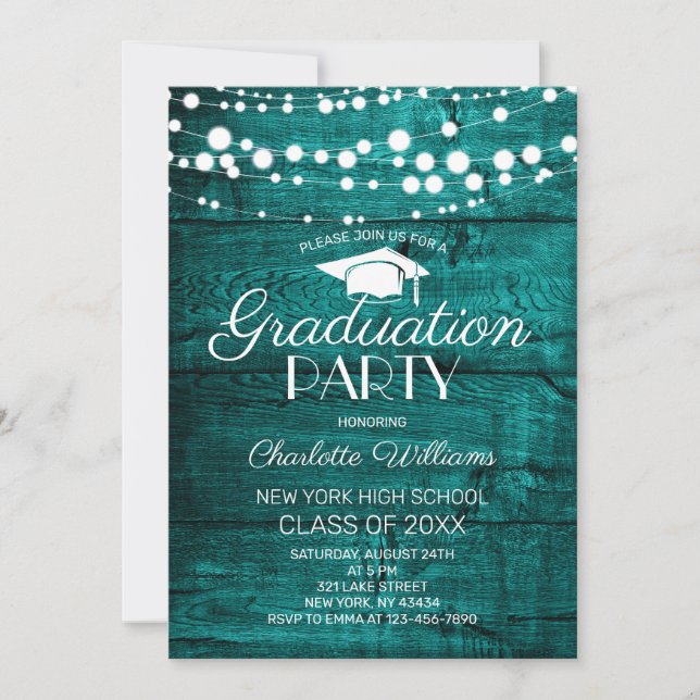 Invitación Fiesta de Graduación de Madera Verde Turquesa Rúst (Anverso)