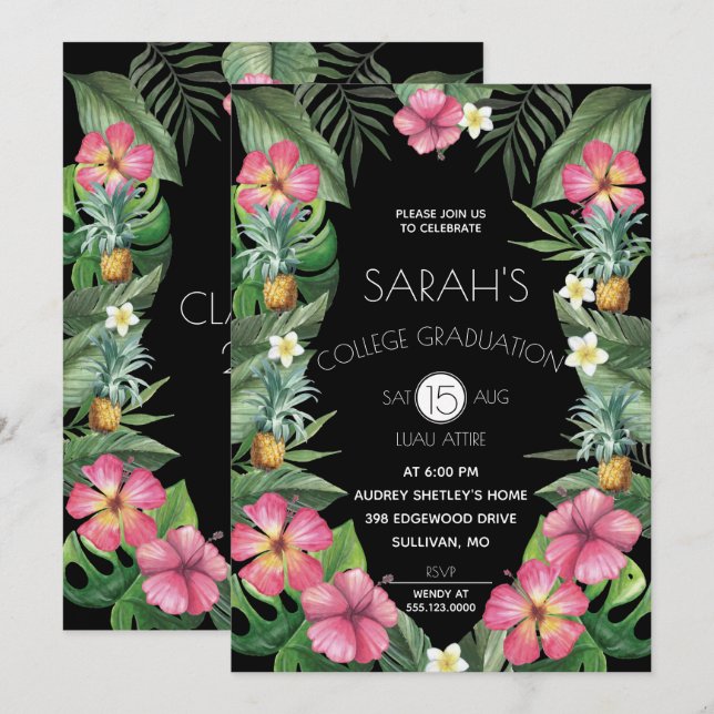Invitación Fiesta de graduación de manzanas y flores tropical (Anverso / Reverso)