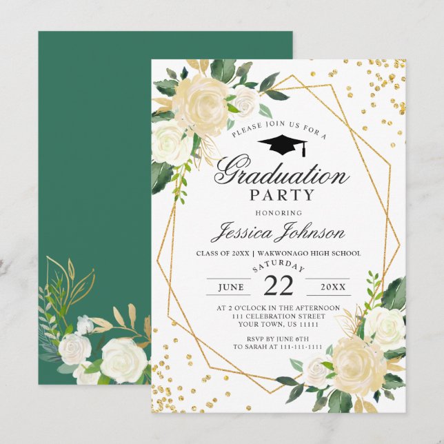 Invitación Fiesta de Graduación de Marco Moderno con Floral D (Anverso / Reverso)