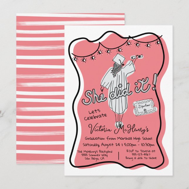 Invitación Fiesta de graduación de marcos ondulados dibujada  (Anverso / Reverso)