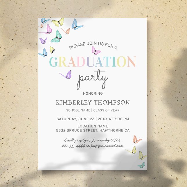 Invitación Fiesta de graduación de mariposa Rainbow Pastel (Subido por el creador)
