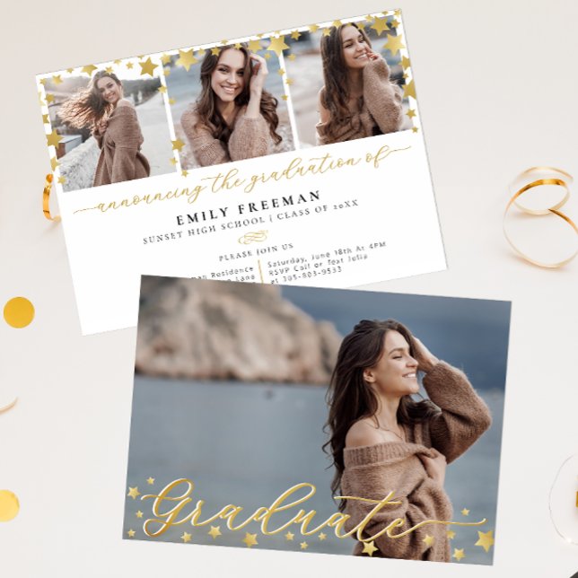 Invitación Fiesta de graduación de moda Gold Star 4-Photo (Graduation Party Invitation)