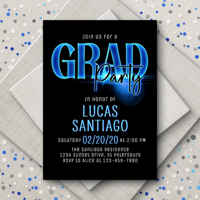 Invitación Fiesta de Graduación de Neón Azul (Subido por el creador)
