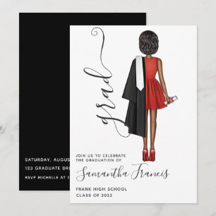 Invitación Fiesta de Graduación de Niña Elegante en Rojo, Neg