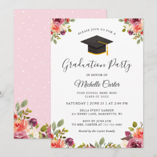 Invitación Fiesta de Graduación de Niña Floral Botánica Rosa