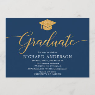 Invitación Fiesta de graduación de oro azul marino Graduado