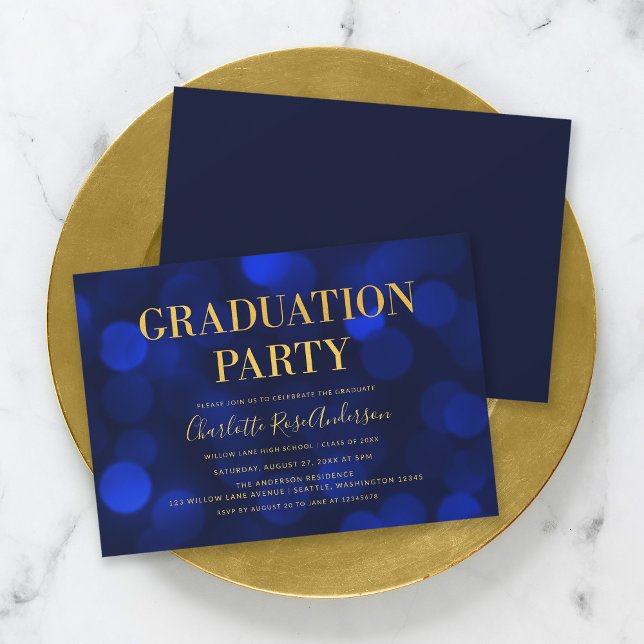 Invitación Fiesta de graduación de oro de Sapphire Blue Bokeh (Subido por el creador)