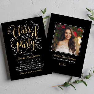 Invitación Fiesta de Graduación de Oro Negro Foto Clase de 20
