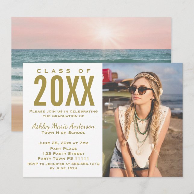 Invitación Fiesta de graduación de oro rosado Beach Sunset co (Anverso / Reverso)