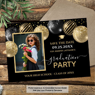 Invitación Fiesta de Graduación de Oro y Negro Foto Guardar l