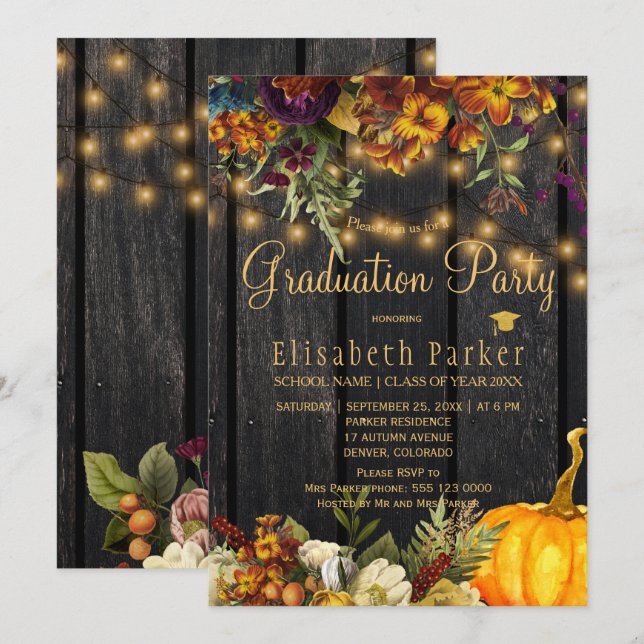 Invitación Fiesta de graduación de otoño de madera de grano m (Anverso / Reverso)