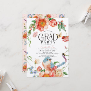 Invitación Fiesta de Graduación de Pájaro Mariposa Floral Ros