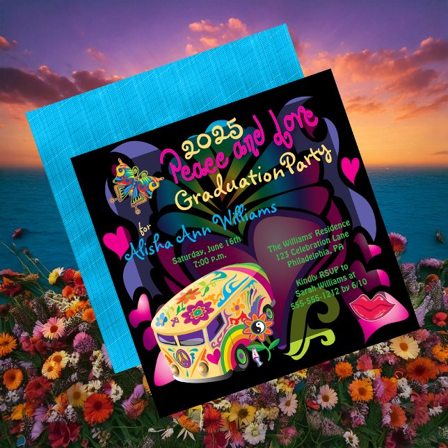 Invitación Fiesta de graduación de Paz y Amor Retro Sesties (Retro Sixties Peace and Love Graduation Party Invitation - Print and/or Digital Download)