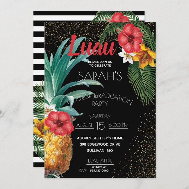 Invitación Fiesta de Graduación de Piñas y Flores Tropicales (Anverso / Reverso)